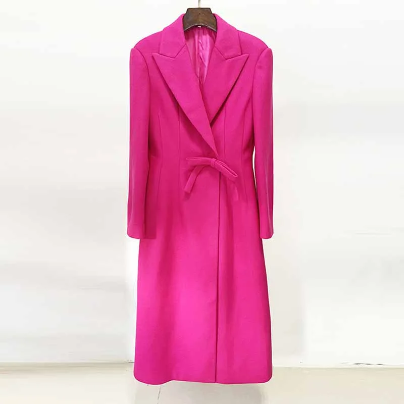 women's varsity bomber jacket -Women's Winter Autumn Bow Details Long Warm Hot Pink Coat