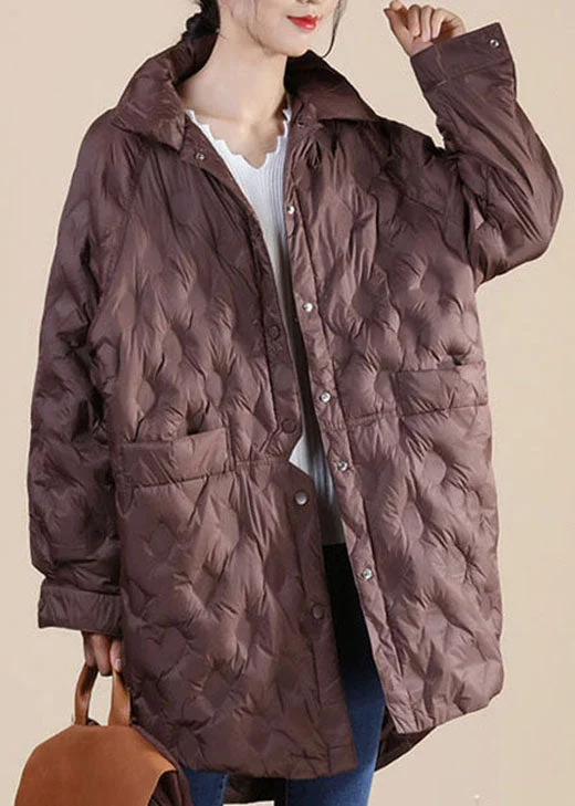 women's sherpa-lined jacket -Chocolate Stand Collar Button Loose Winter Puffers Long Down Jacket