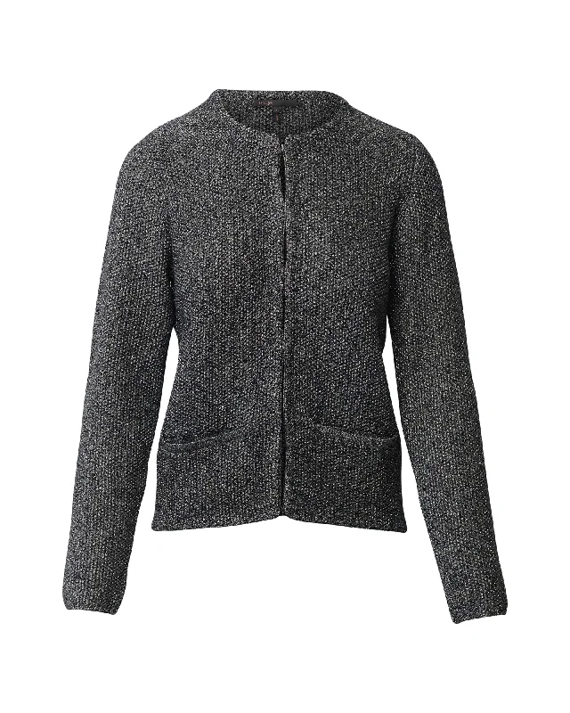 classic trench raincoat for women -Maje Open Front Jacket in Silver Tweed