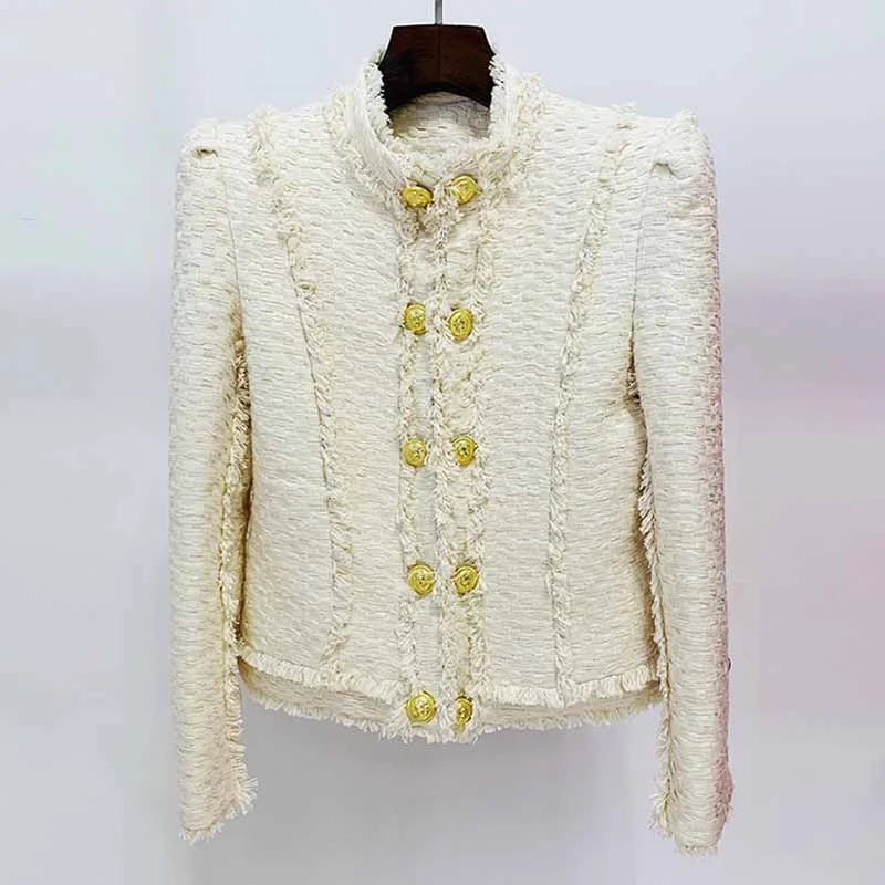 soft touch sherpa coat for women -Ivory Tweed Jacket Side-To-Side Gold Buttons Coat