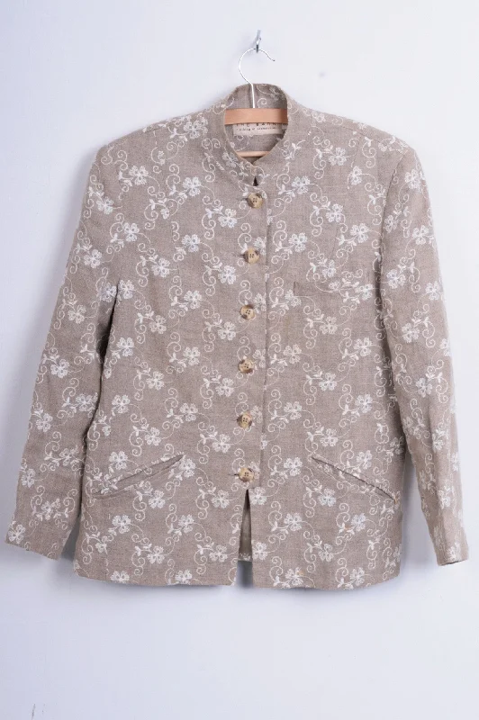 sporty track jacket for women -The Barn Womens 40 M/L Blazer Beige Embroidered Flores Linen