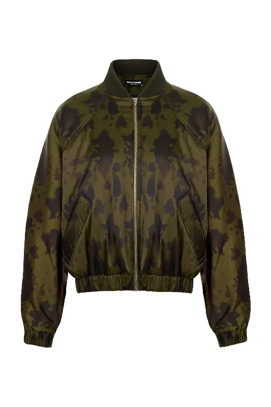 women's biker-style leather jacket -Printed Satin Bomber Jacket