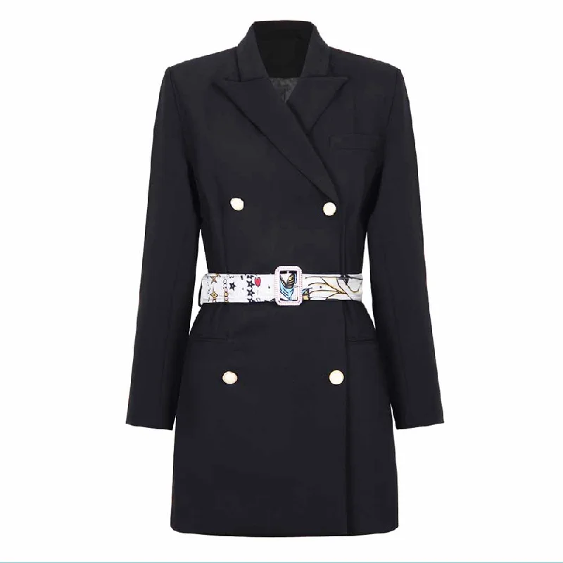 stylish fleece-lined coat for women -Women Double Breasted Black Blazer Dress Beltted Formal Lapel V-neck Coat