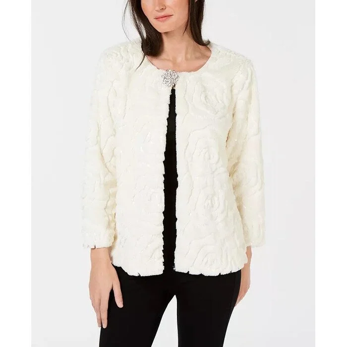 women's faux fur-lined parka -JM Collection Women's Sequined Faux Fur Broach Jacket White Size Large