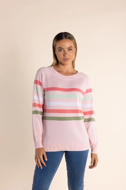 stylish cutout shoulder top for women -Multi Stripe Knit - Ice Pink