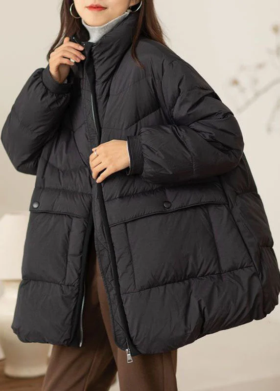 ladies' waterfall drape coat -Fine Black Stand Collar Oversized Pockets Duck Down Down Coat Winter