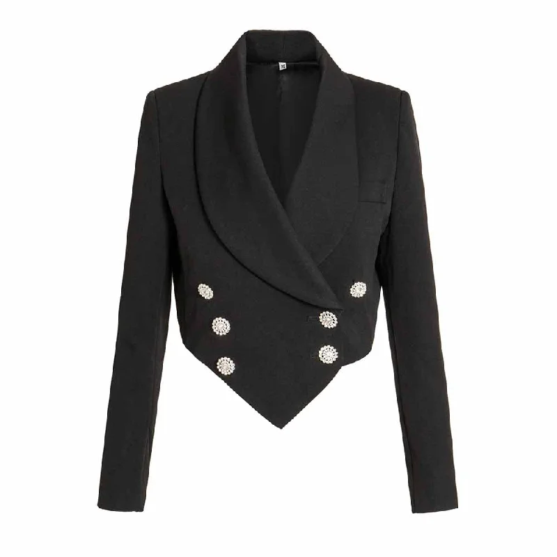 women's double-breasted coat -Women's Black Luxury Fitted Double Breasted Blazer with Lion Buttons - SLIM FIT