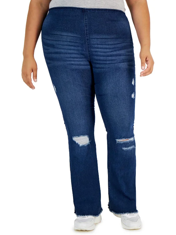 chic ruched waistband jeans for ladies -Plus Womens Destroyed Denim Flared Jeans