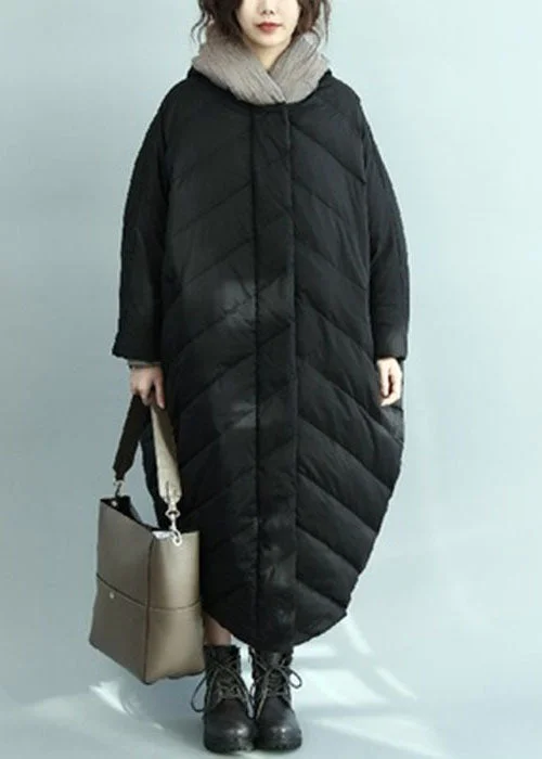 ladies' longline puffer coat -Casual Black Hooded Oversized Duck Down Parka Winter