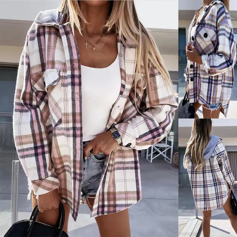 women's embroidered boho blouse -Women's Fashion Hooded Woolen Plaid Shirt