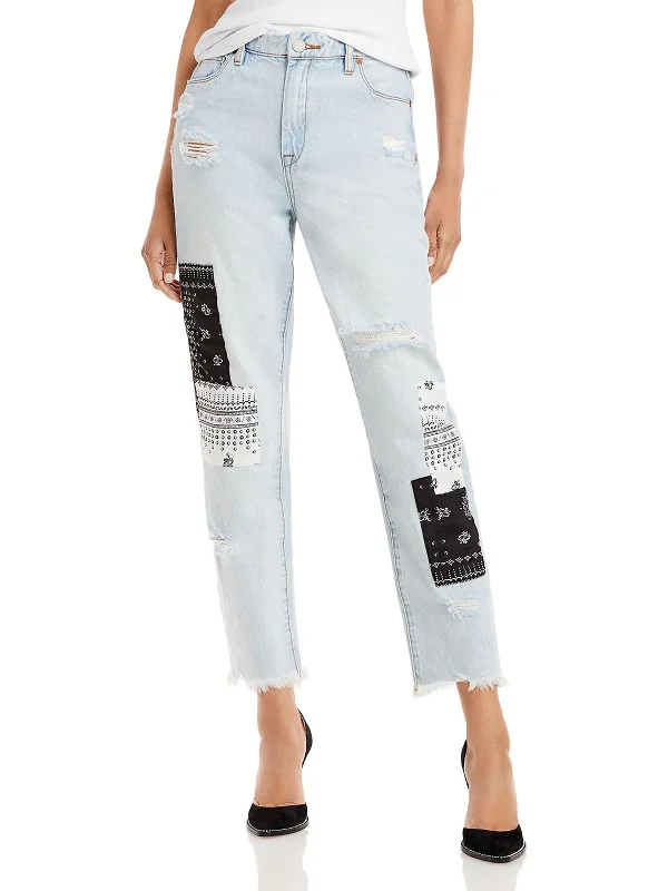 ladies' relaxed wide-leg denim -Womens Denim Patchwork Cropped Jeans