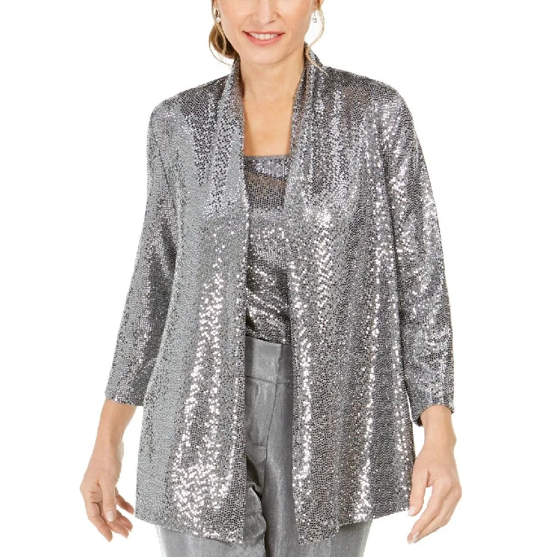 ladies' cashmere overcoat -Kasper Women's Metallic Open-Front Jacket Silver Size Medium