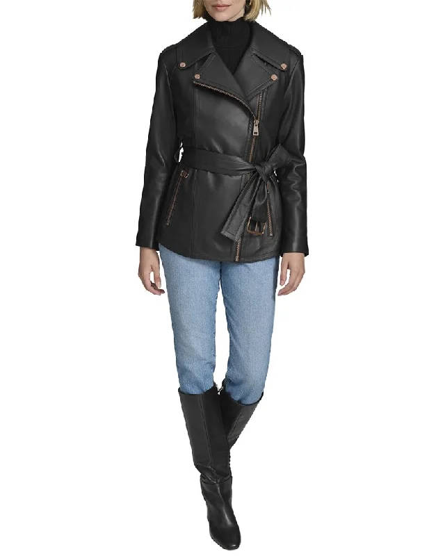 ladies' sporty windbreaker -Andrew Marc Black Label Delphine Belted Leather Moto Jacket