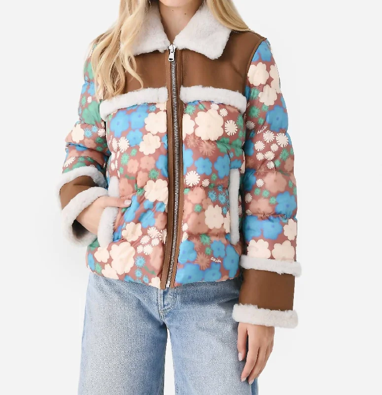 casual linen jacket for women -Racy Puffer Jacket In Floral