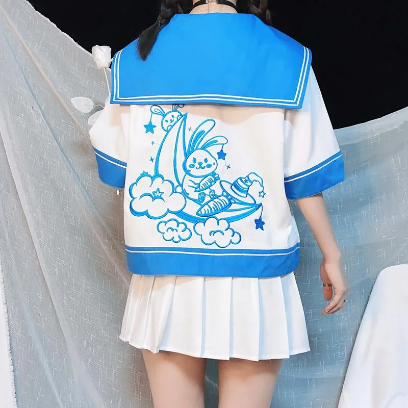 lightweight crinkle blouse for women -Women's Kawaii Cartoon Rabbit Moon Embroidered Sailor Tops