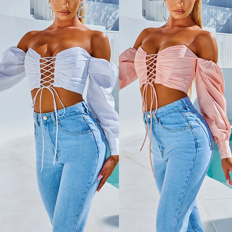 elegant embroidered top for women -Women's Off-shoulder Tube Top Lace-up Navel