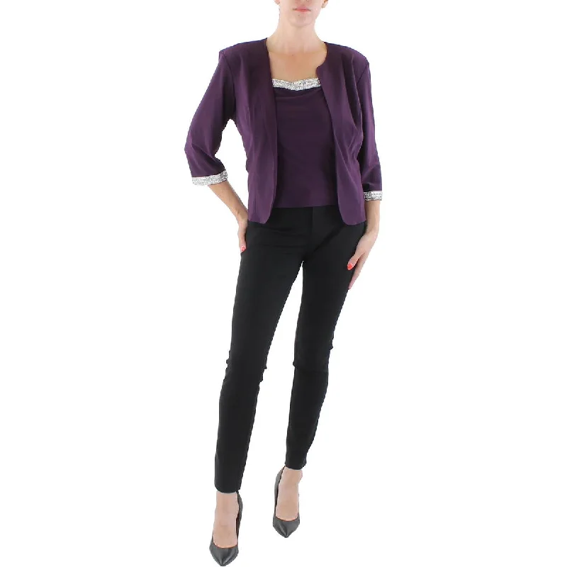 double-layered long coat for women -R&M Richards Womens Petites Knit 2PC Collarless Blazer