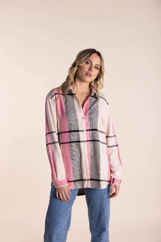 ladies' cold-shoulder top -Check Shirt - Fuchsia Combo