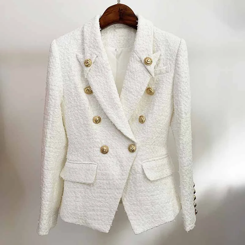 women's classic pea coat -Women's Luxury Fitted Tweed Blazer Golden Lion Buttons White