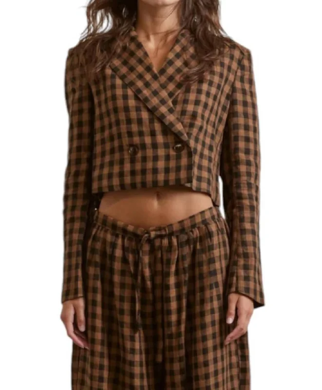 winter-ready faux shearling jacket for women -Cropped Plaid Linen Jacket In Brown