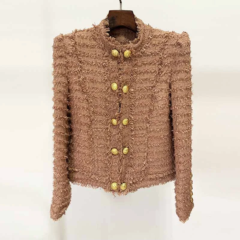 casual linen jacket for women -Women Stand Collar Golden Buttons Camel Fringe Tweed Jacket Blazer