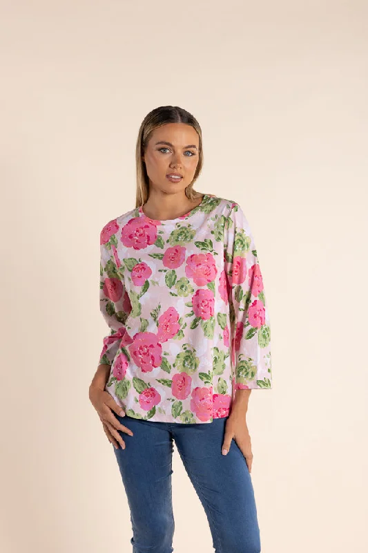 ladies' pastel-colored top -Rose Print Jersey Top