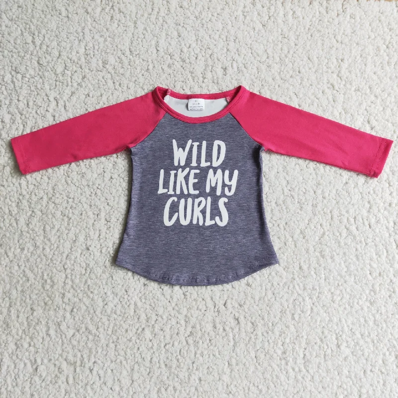 ladies' boyfriend-style shirt -WILD LIIKE MY CURLS GREY PINK TOP