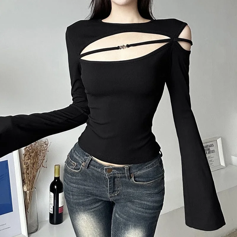 fashionable asymmetrical hem top for ladies -Women's Punk Cutout Flare Sleeve Shirt