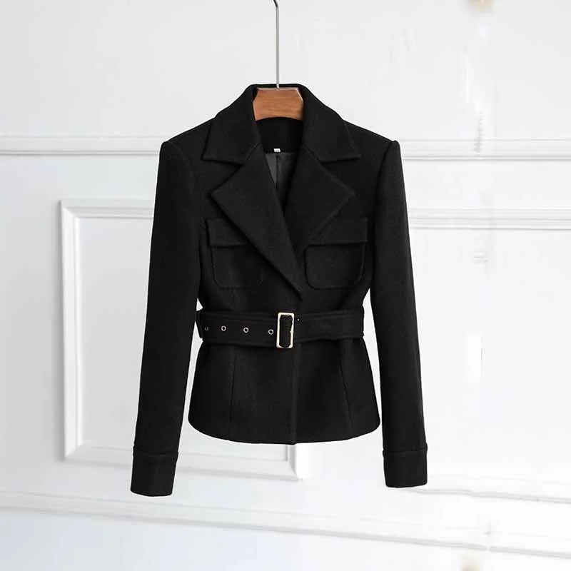 women's teddy bear coat -Belted Black Brushed Blazer Double Breasted Jacket Formal Chic Style Coat