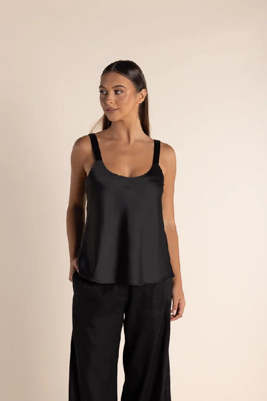 cute button-front blouse for women -Satin Cami - Black