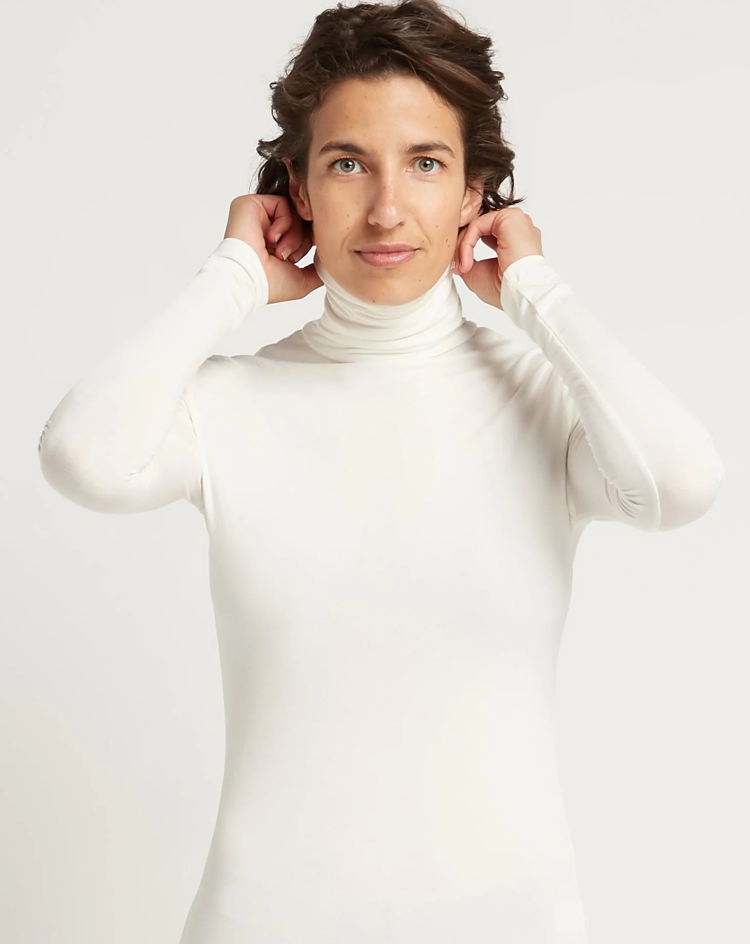 ladies' ruched front blouse -Roll Neck Skivvy - Ivory