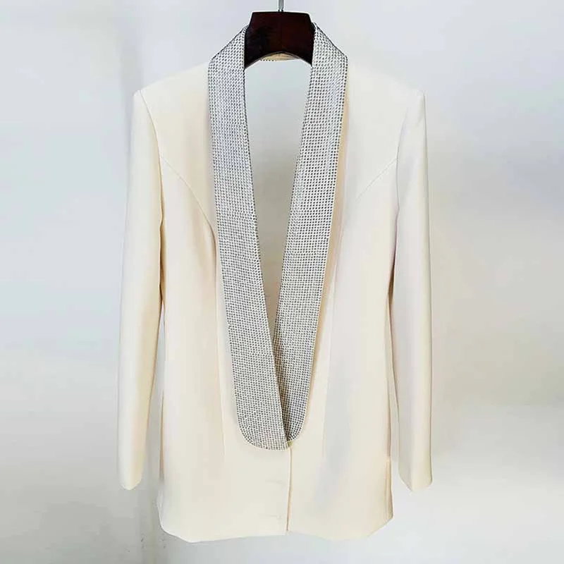 women's relaxed fit blazer -Women Deep V Rhinestone Blazer in White Backless Coat Dress