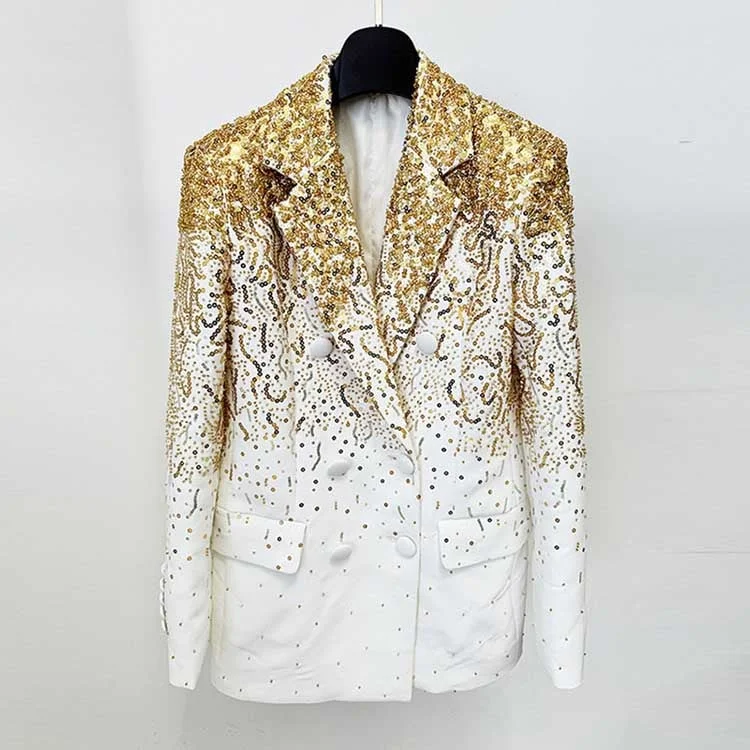 stylish longline coat for women -Gold Gradient Sequin-Beaded Embroidered Blazer