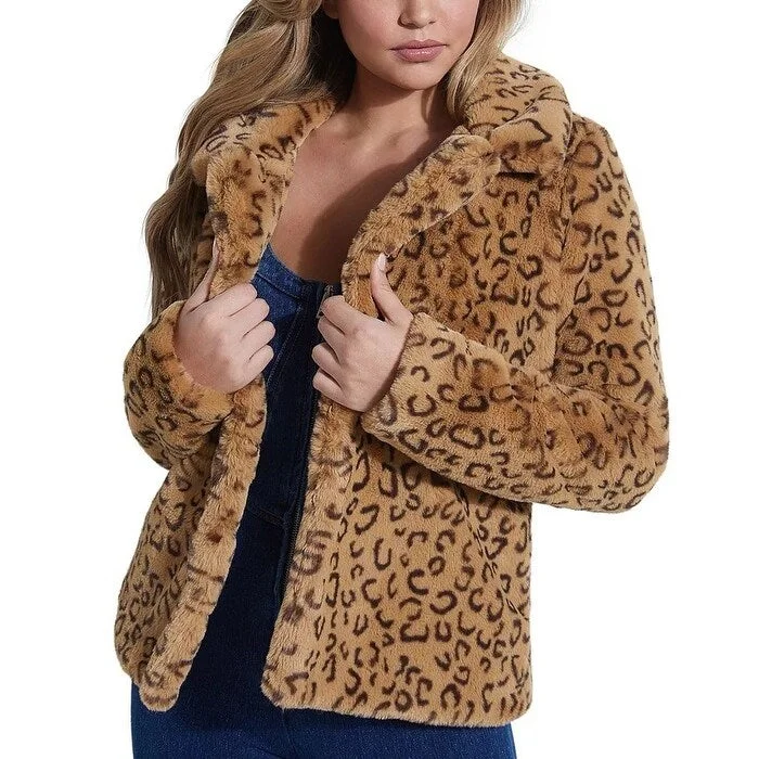 sporty track jacket for women -Guess Women's Reckless Animal-Print Faux-Fur Coat Yellow Size Extra Small - X-Small