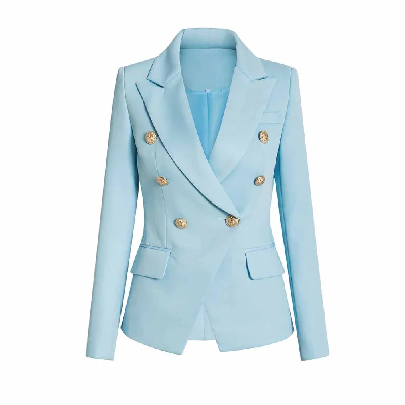 structured blazer jacket for women -Women Light Blue Double Breasted Blazer Gold Buttons Jacket