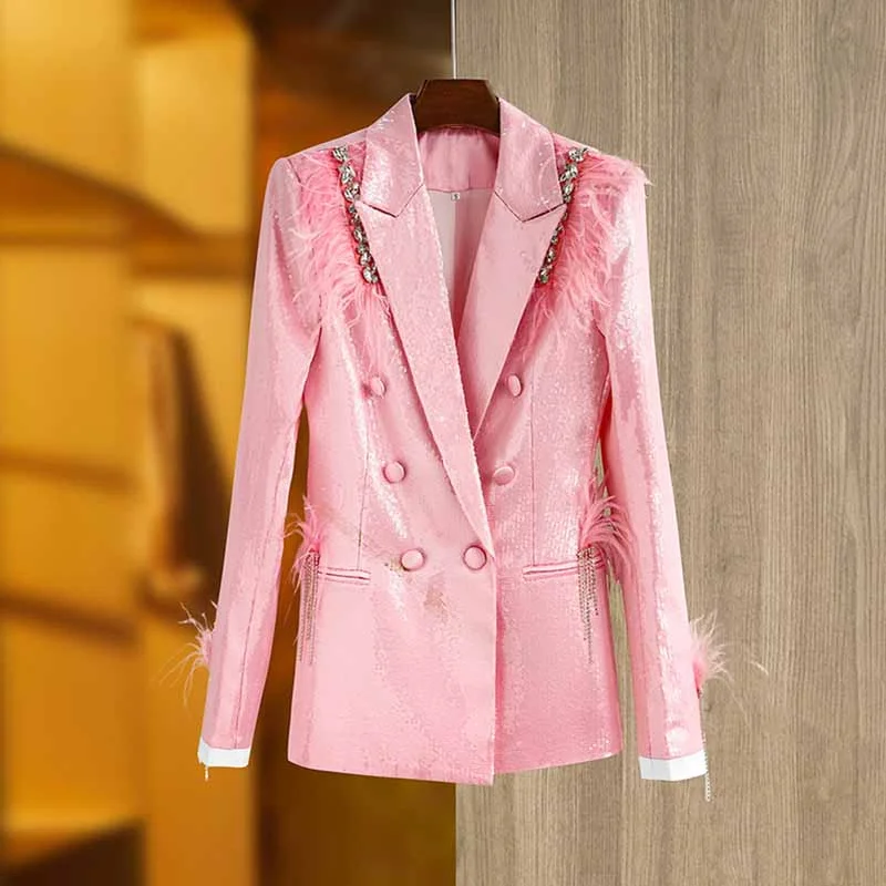 women's casual denim jacket -Women Sequin Blazer Pink Glitter Coat Party Jacket