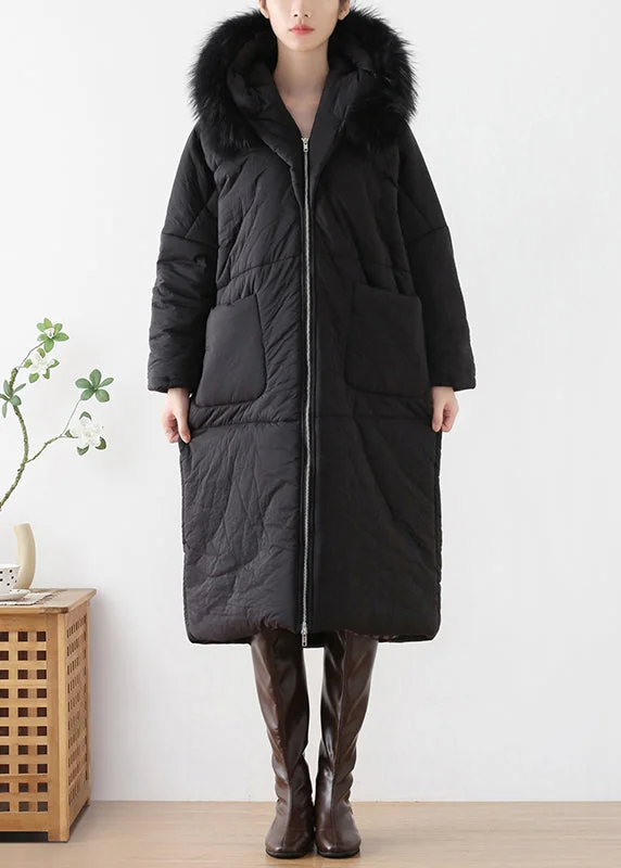 stylish fleece-lined coat for women -Loose Black Fur Collar Thick Hooded Maxi Parka Winter