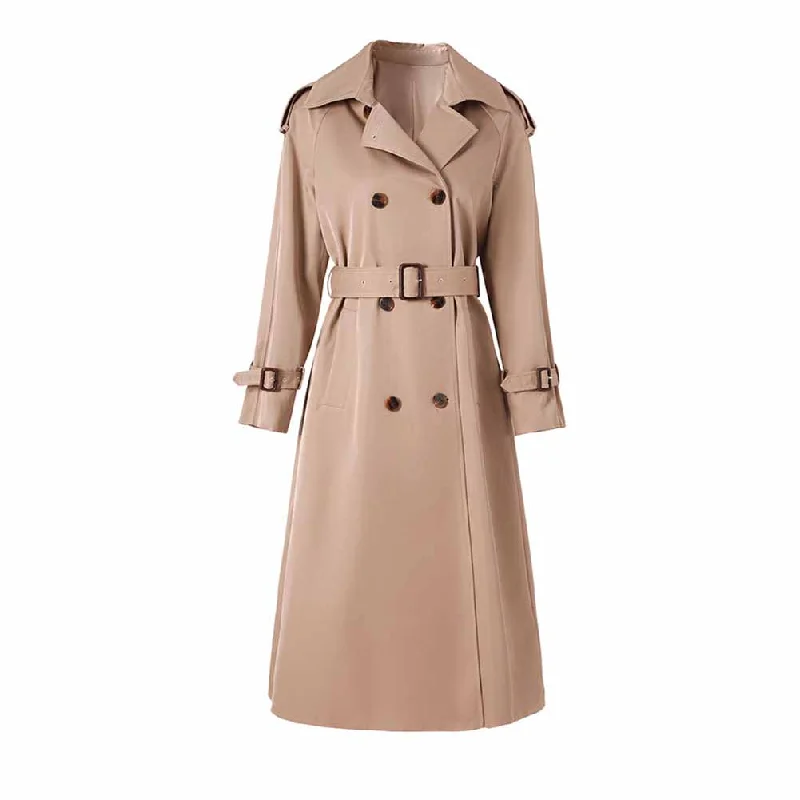 double-layered long coat for women -Women double breasted trench coat with belt