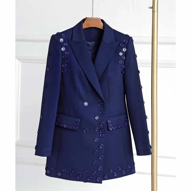 women's classic pea coat -Buttoned Navy Blue Blazer Double Breasted Jacket Elegant Style Coat