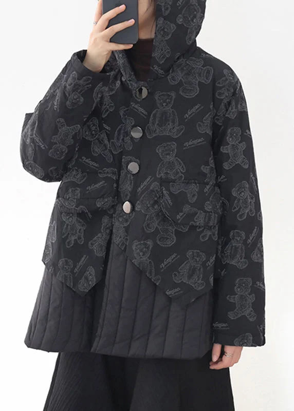 sustainable eco-friendly coat for women -Fashion Black Button Patchwork Print Pockets Hooded Parka Long Sleeve