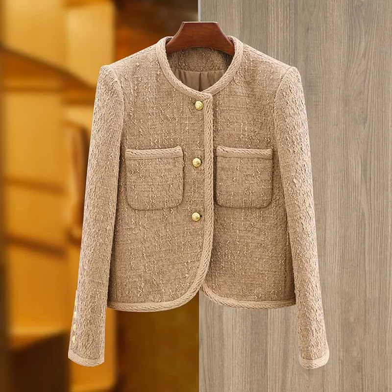 casual oversized shacket for women -Luxury tweed autumn winter coat khaki tweed woolen cloth jacket