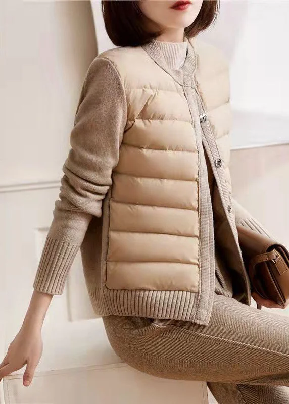 urban style cropped puffer jacket -Modern Beige White Colour O-Neck Patchwork Knit Parka Long Sleeve