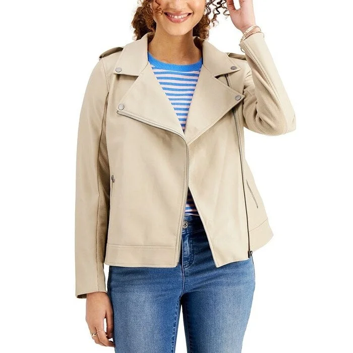 women's elegant cape coat -Style & Co Women's Faux-Leather Moto Jacket Beige Size Medium