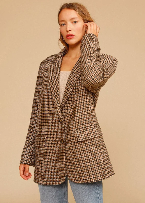 cozy teddy coat for ladies -Plaid SIngle Breasted Wool Blend Blazer