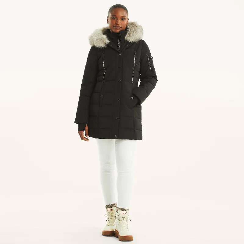 ladies' faux suede jacket -Nautica Womens Faux Shearling Hood Puffer Jacket