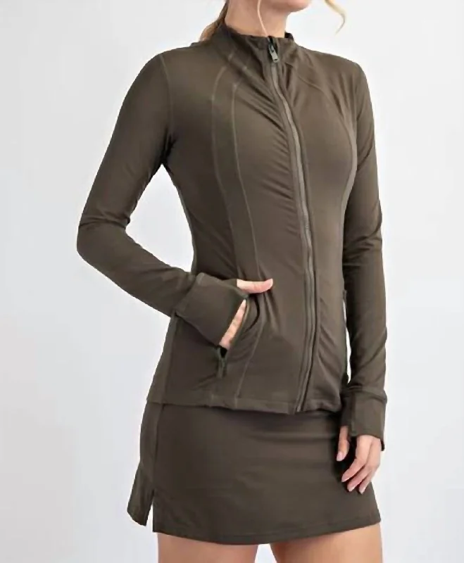 versatile trench coat for ladies -Athleisure Zipper Jacket In Olive