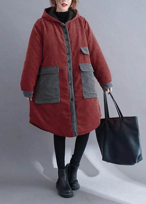 luxury faux fur coat for women -Plus Size Red hooded Button Corduroy Winter Cotton Long Coat sleeve