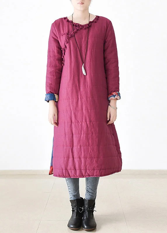 ladies' designer overcoat -Chic Rose O-Neck Button Side Open Thick Linen Long Parka Witner