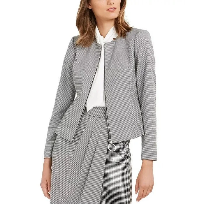 cropped faux leather jacket for women -Calvin Klein Women's Houndstooth Zip-Up Jacket Med Gray Size 0