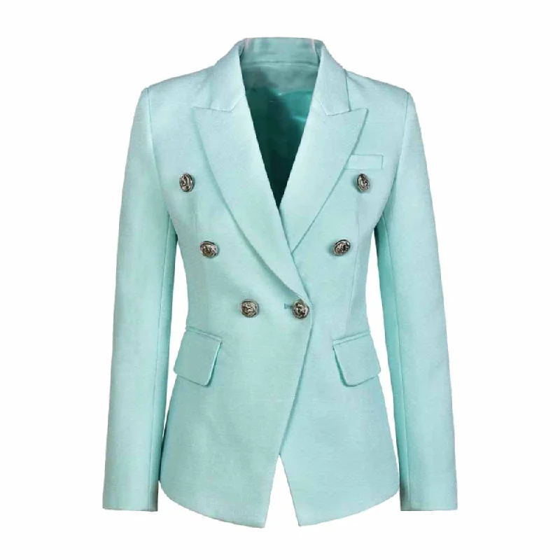 classic trench raincoat for women -Women's Luxury Fitted Mint Green Blazer Golden Lion Buttons Coat Jacket